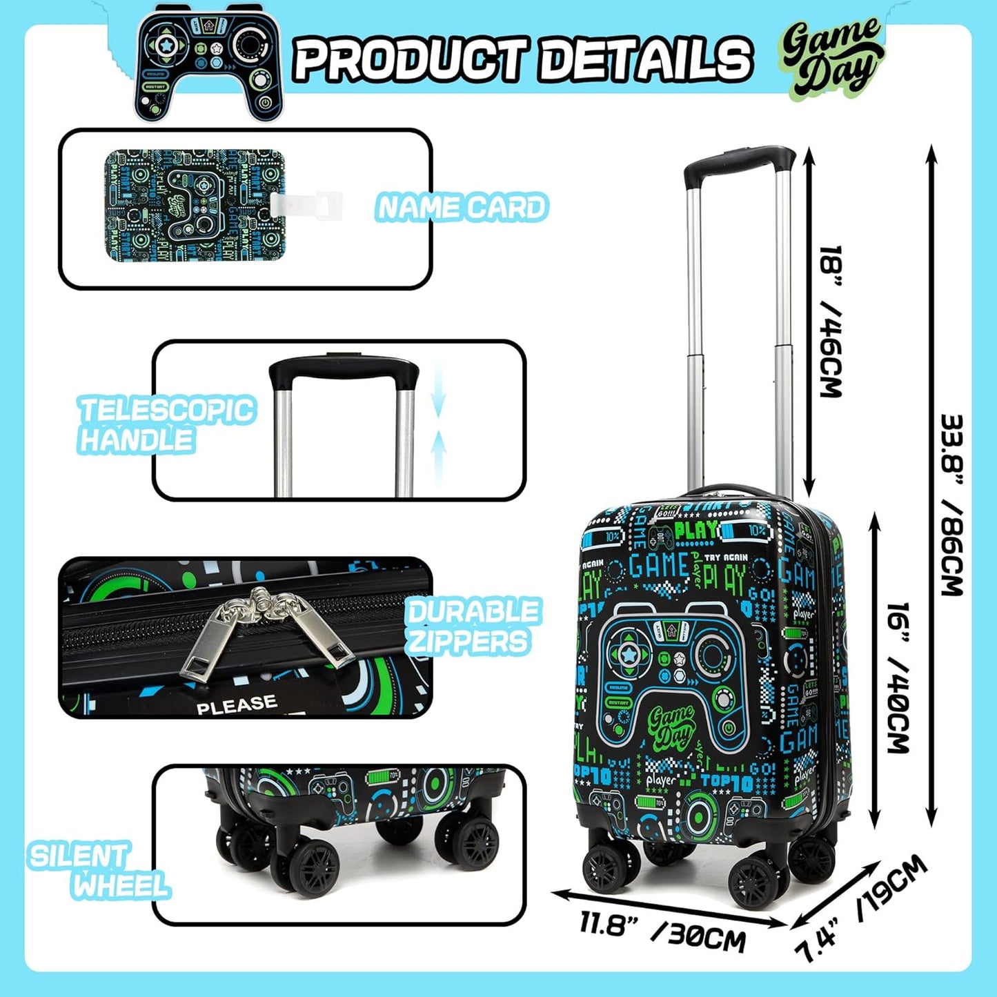 Kid’s Luggage Set 5 Piece Suitcase Set 16’’ Hardside Luggage with Spinner Wheels Girls Boys Carry on Luggage Travel Rolling Luggage Airline Approved