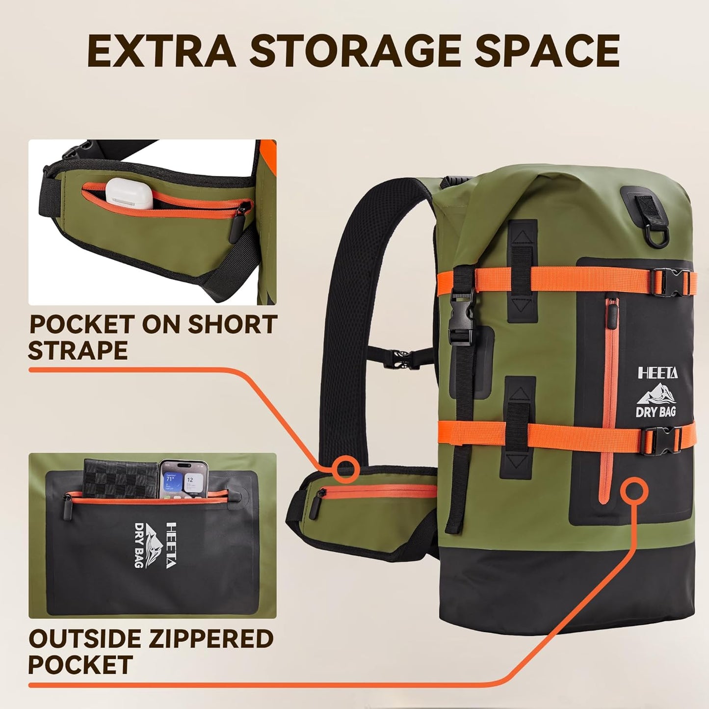 HEETA Dry Bags Waterproof Backpack 40L for Men & Women, Roll Top Heavy Duty Cushioned Hiking Backpack for Kayaking Boating Paddle Boarding Fishing Travel Camping Beach Vacation Cruise Ship Essentials