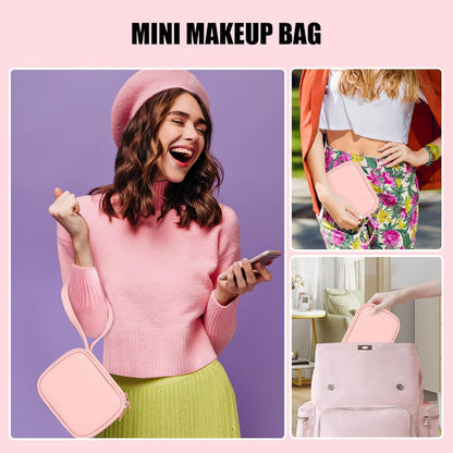 Relavel Mini Makeup Bag with Led Mirror, Small Cosmetic Bag with 3 Light Modes, Rechargeable Portable Makeup Pouch with Hands-Free Wrist Strap for Pool Parties丨Work Touch-Ups丨Travel - Pink