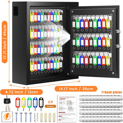 71 Keys Fireproof Key Lock Box, Anti-Theft Key Box Wall Mount with Adjustable Hook Plates, Key Tags and Side Opening, Key Safe Key Cabinet Key Organizer for Home Office Garage Rental Business
