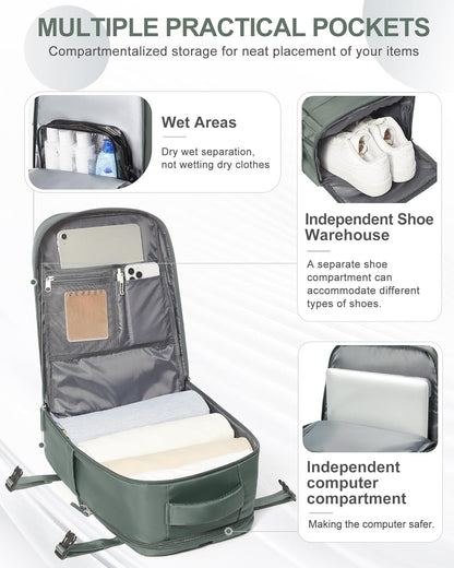 coowoz Travel Backpack Carry On for Women Man Gym Backpack with Laptop Compartment Mochila de Viaje Teacher Personal Item Backpacks Rucksack Airplane Accessories Must Haves Olive Green Small
