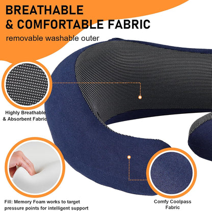 Travel Pillow - Hooded Neck Pillow Airplane Memory Foam Filling for Plane, Office, Cars Sleeping, Road Trip, Long Flights, Portable Plane Accessories, Includes Eye Mask & Earplugs (Navy)