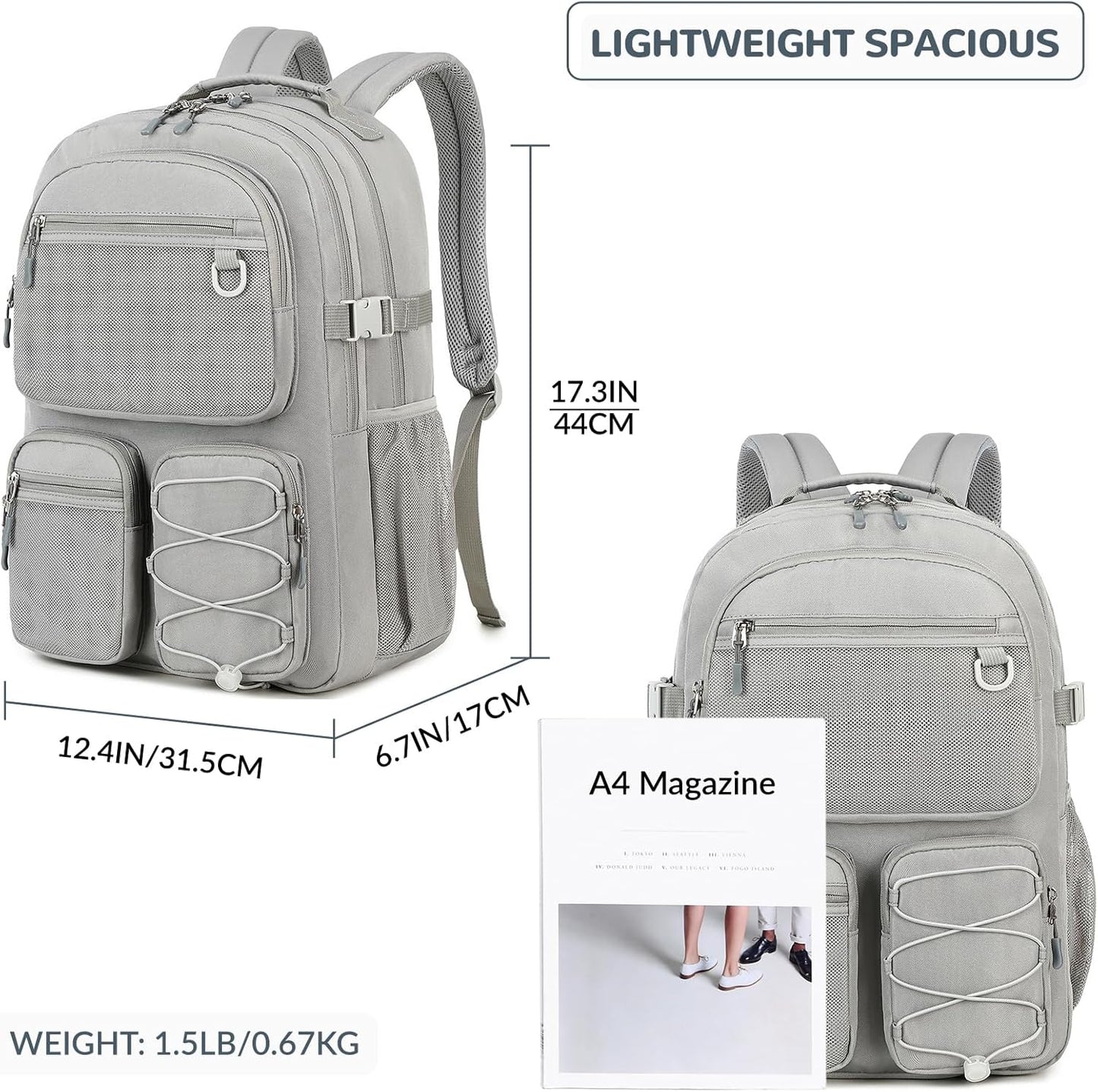Lohol Water Resistant Daypack with Mulitiple Pockets for School Travel Outdoor College, 15.6 inch Laptop Backpack for Men and Women (Grey)