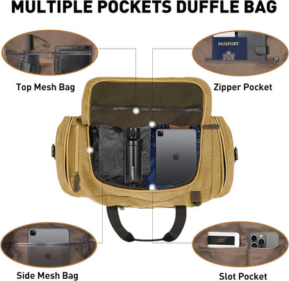 50L Duffle Bag for Men, Nomad Waxed Canvas Travel Duffel Bag Vintage Genuine Leather Travel Handbag Upgraded Weekender Overnight Backpack with Shoes Compartment (Khaki, Large-50L)