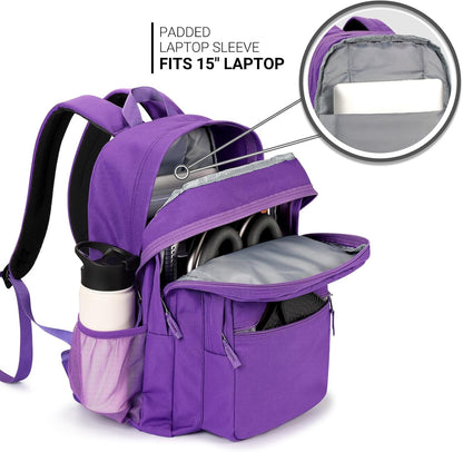 ZORFIN 26L Backpack for College, and Travel: Water Resistant Bookbag - Purple