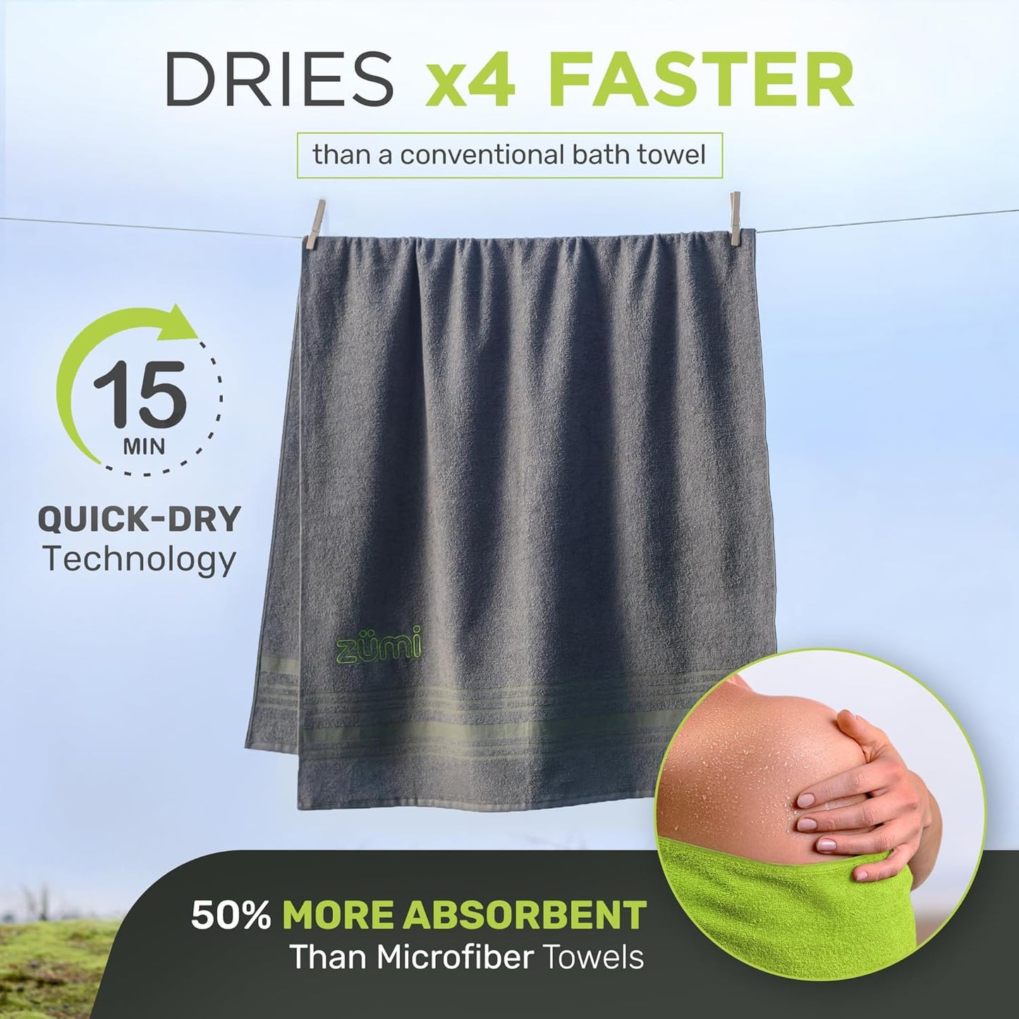 Zumi MINI 100% Cotton Camping Travel Towel - Small, Ultralight, Fast Drying, Highly Absorbent, Soft and Gentle on The Skin, Safe for The Planet (28"x13" Gray)