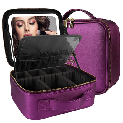 MOMIRA Travel Makeup Bag Cosmetic Bag Makeup Organizer Bag with Lighted Mirror, Adjustable Brightness in 3 Color Scenarios, Waterproof Makeup Train Case, Gift for Women - Brilliant Purple