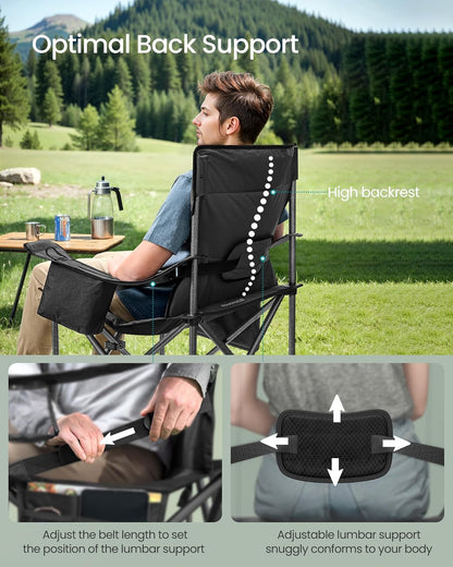 SONGMICS Oversized Lumbar Support Camping Chair, Heavy-Duty Outdoor Folding Chair Comfortable, Padded, Glamping, Cooler Bag, Weight Capacity 450 lb, Ink Black UGCB066B01