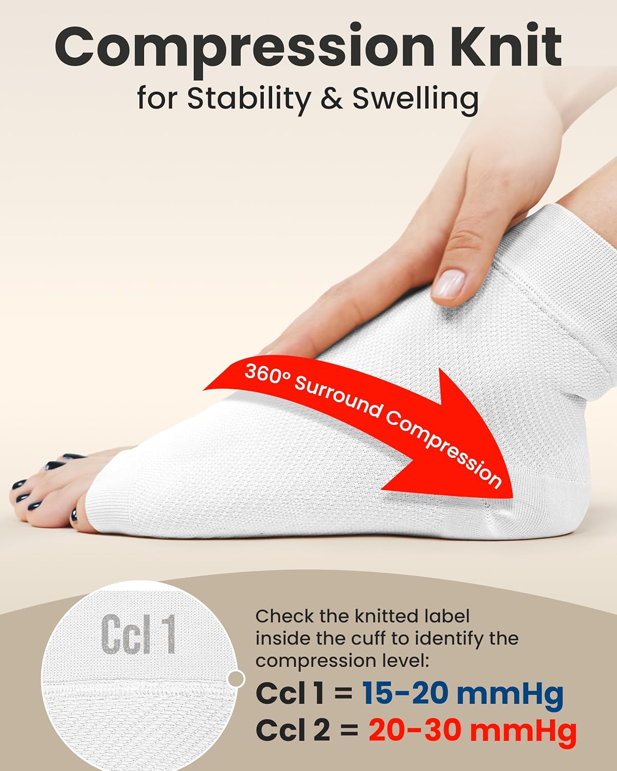 KEMFORD Ankle Compression Sleeve - Plantar Fasciitis Braces - Open Toe Compression Socks for Swelling, Sprain, Neuropathy, Foot Arch Support for Men and Women - 20-30mmhg, L, White and Black