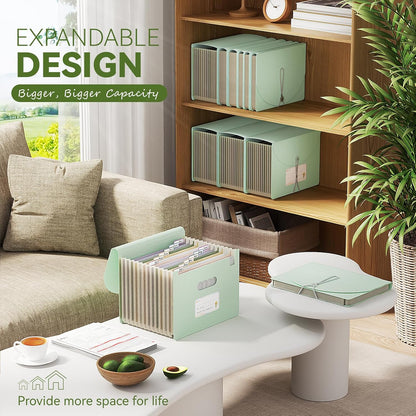 Accordion File Organizer, 12 Pockets Wheat Straw Expanding File Folder, Portable Monthly Paper Bill Tax Receipt Organizer, Letter A4 Size Document Holder，Green Office with Colorful Tab，Mint Green