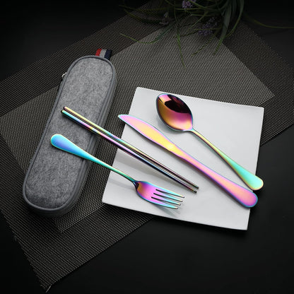 DEVICO Camping Utensils, Portable Travel Utensils with Case, Stainless Steel Reusable Silverware for Lunch Adult, 5Pcs Cutlery Set Includes Knife Spoon Fork Chopsticks and Case (Rainbow)