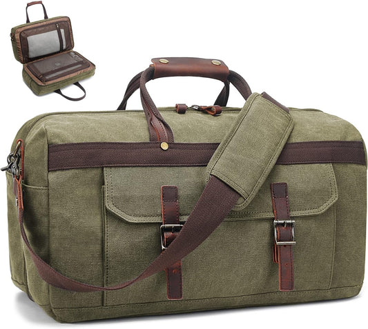 Duffle Bag for Men Waterproof Genuine Leather Canvas Travel Duffel Bags for Women Overnight Weekender Bag for Traveling