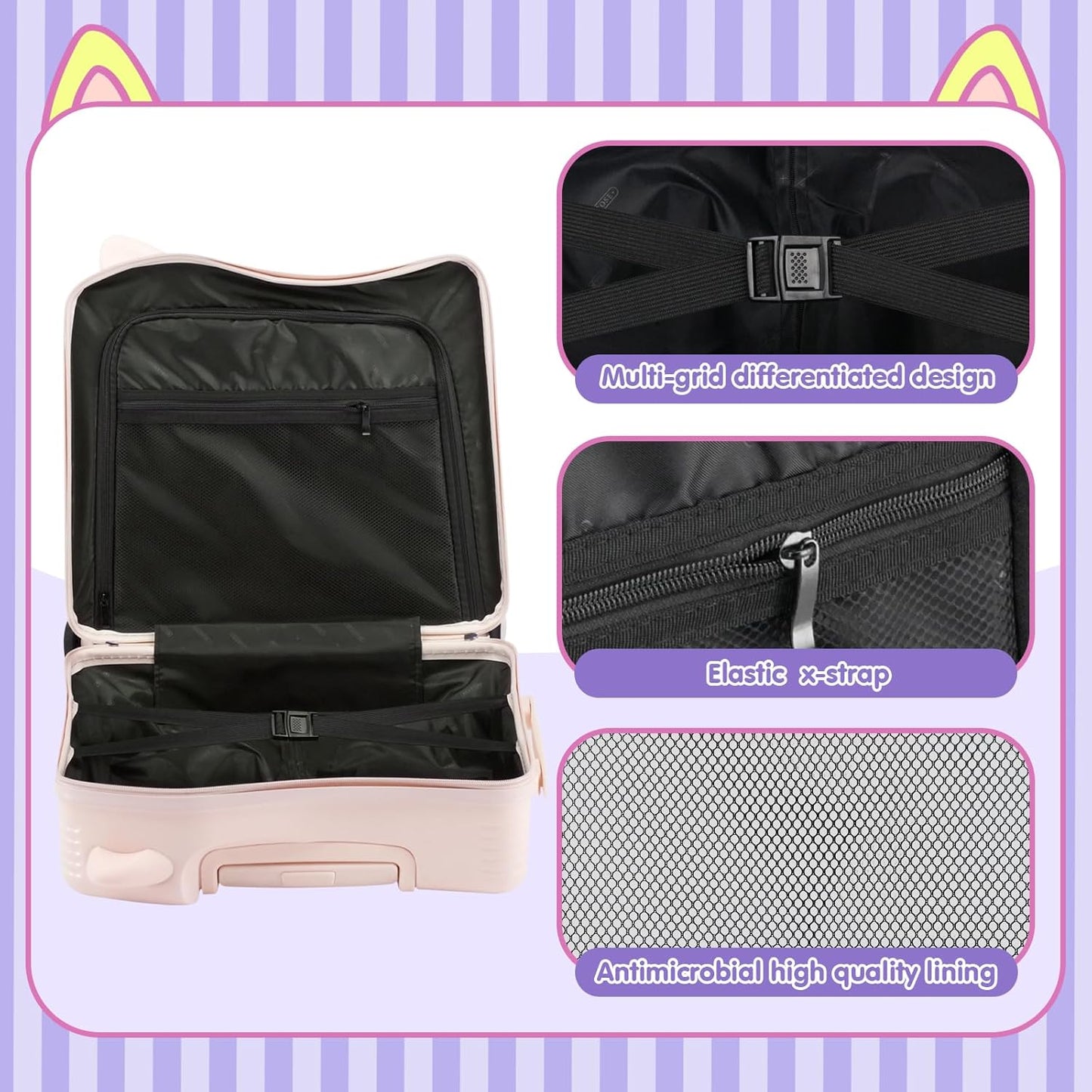 20" Ride-On Travel Suitcase for Kids, Cute Ear Toddler Carry on Luggage with Spinner Wheels, Children Rolling Trolly Luggage with Combination Lock (Pink)