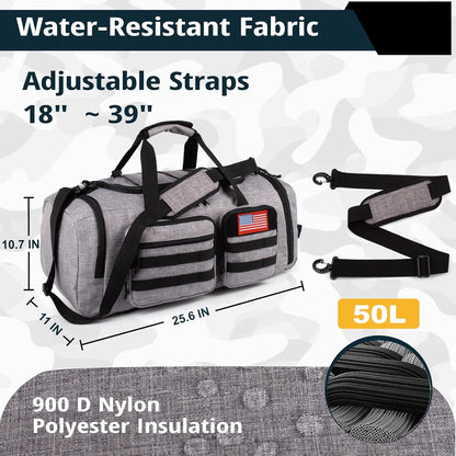 Tactical Gym Bag for Men，50L Large 3 in 1 Sports Duffle Bag with Shoes Compartment for Travel,Water Resistant Travel Backpack Weekender Overnight Bag with Wet Pocket for Women
