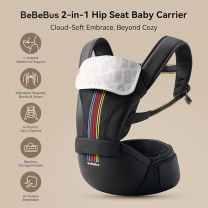 Baby Carrier with Hip Seat, BeBeBus 2-in-1 Ergonomic Newborn to Toddler Carrier up to 44 lbs, Detachable Hands-Free for Infant, All Season Forward-Facing Carry, Fits Waist Sizes up to 38 inch (Black)