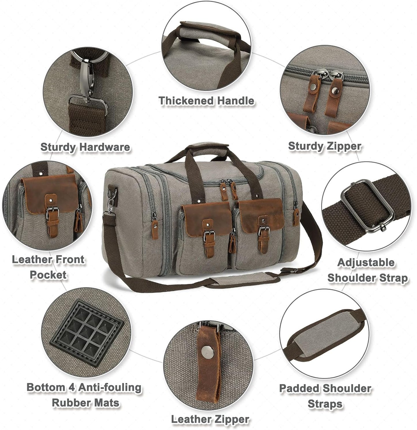Canvas Duffle Bag with Genuine Leather Accents, Expandable 20-23 Inch Travel Weekender, Multiple Pockets, Gray