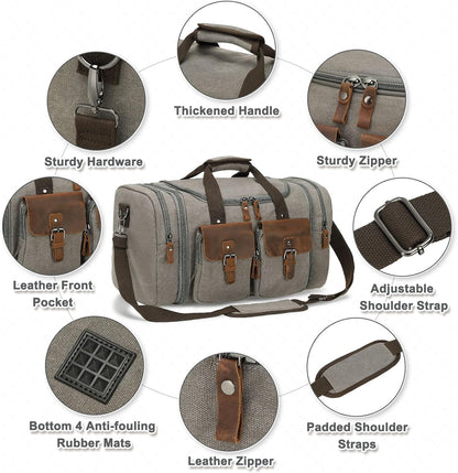 Canvas Duffle Bag with Genuine Leather Accents, Expandable 20-23 Inch Travel Weekender, Multiple Pockets, Gray