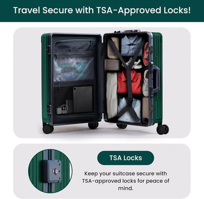 Nobl Travel Carry On Luggage, Noble Zipperless Aluminum Frame PC Hard Shell Suitcase, 22.5x15x9.5 Airline Approved, 360° Spinner Wheels, TSA Locks, USB Charging Port, Cup & Phone Holder -Forest Green