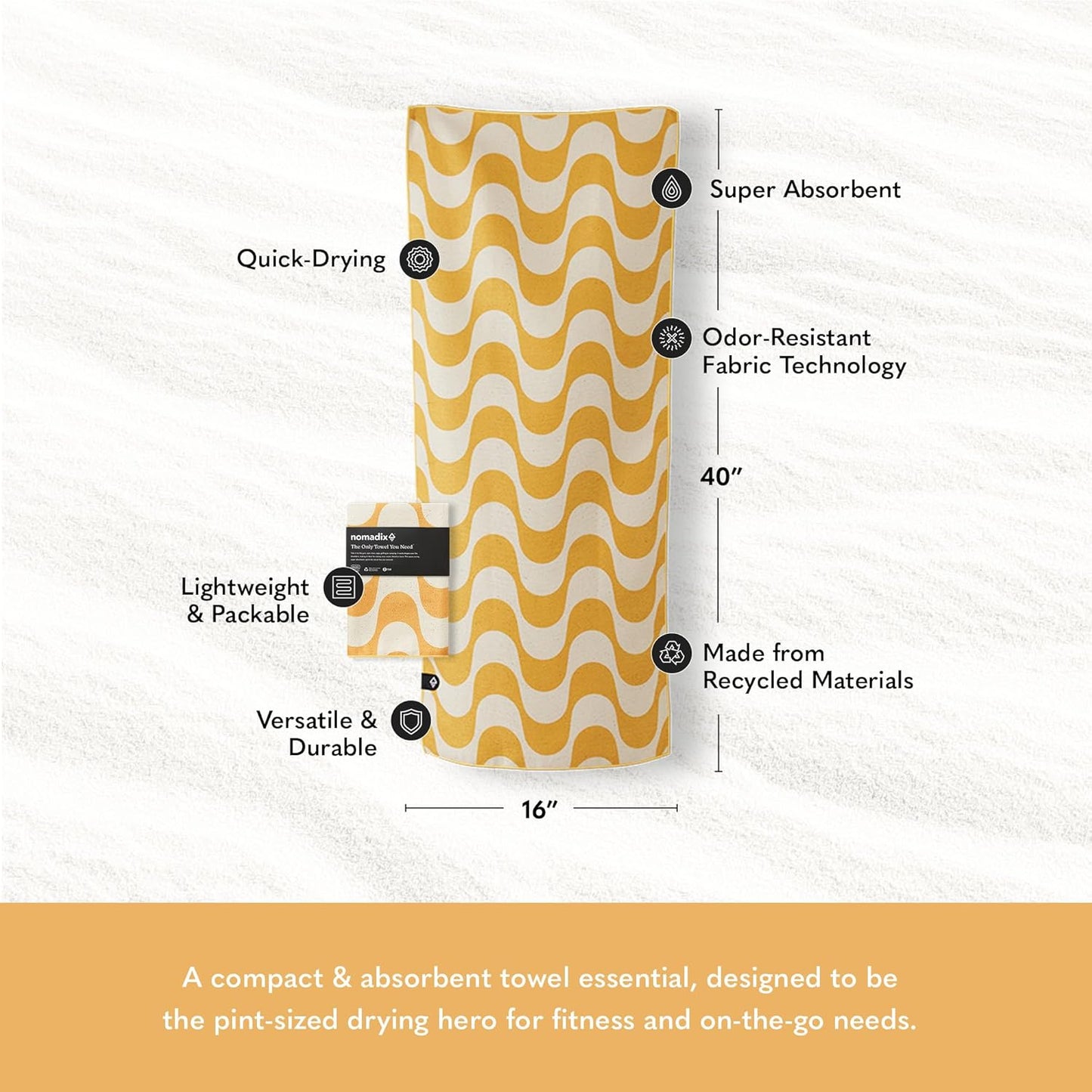 Nomadix Mini Towel - Perfect for Beach, Pool, Travel, Camping, Yoga - Made with Recycled Materials - Super Absorbent - Sand Resistant - Copacabana Mango - 16" x 40"