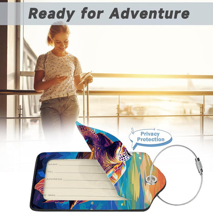 Set of 2 Luggage Tags for Suitcases, Leather Watercolor Sea Turtle Baggage Tags with Stainless Steel Loop, Privacy Name ID Card Cover Kawaii Travel Labels for Women Men Kids Girls