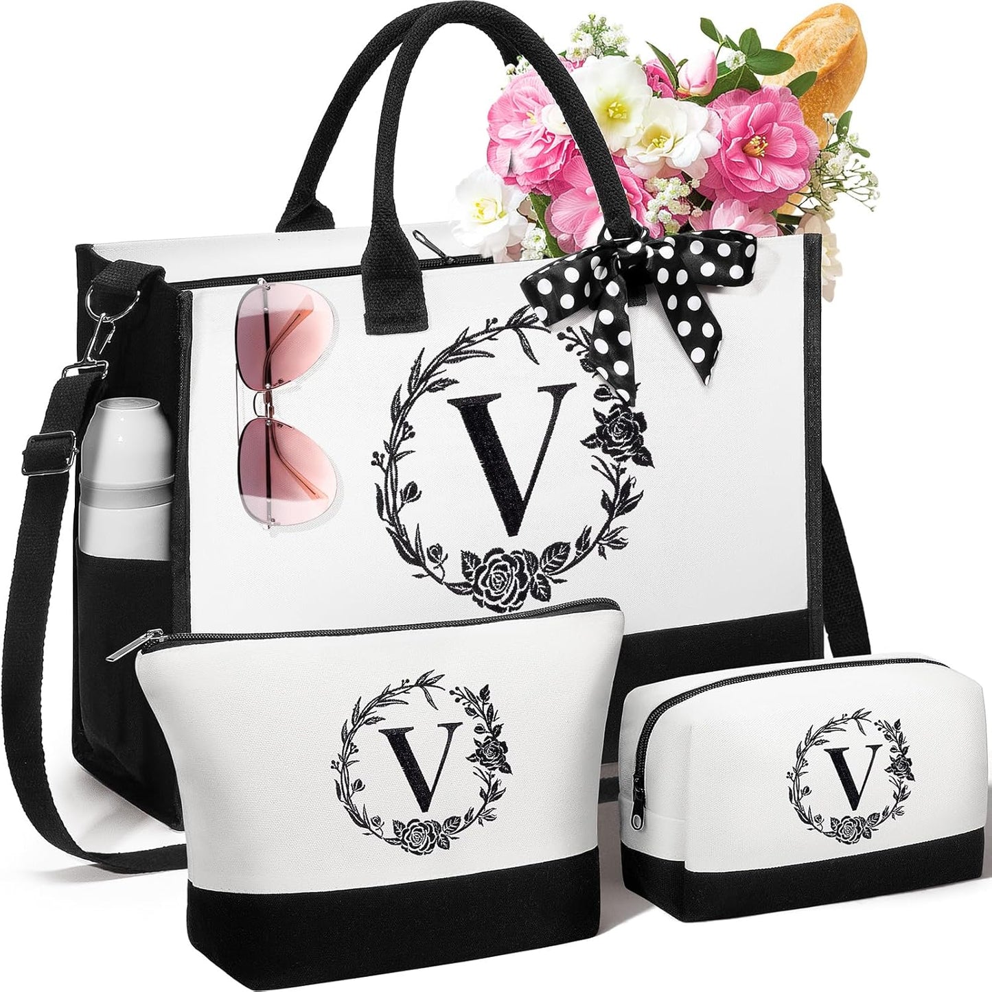 Personalized Mothers Day Gifts for Women, Initial Canvas Tote Bag & Makeup Bag Monogrammed Beach Tote Bag for Women w/Zipper, Birthday Gifts for Women Mom Her Girlfriend Wife Sister Friend Daughter