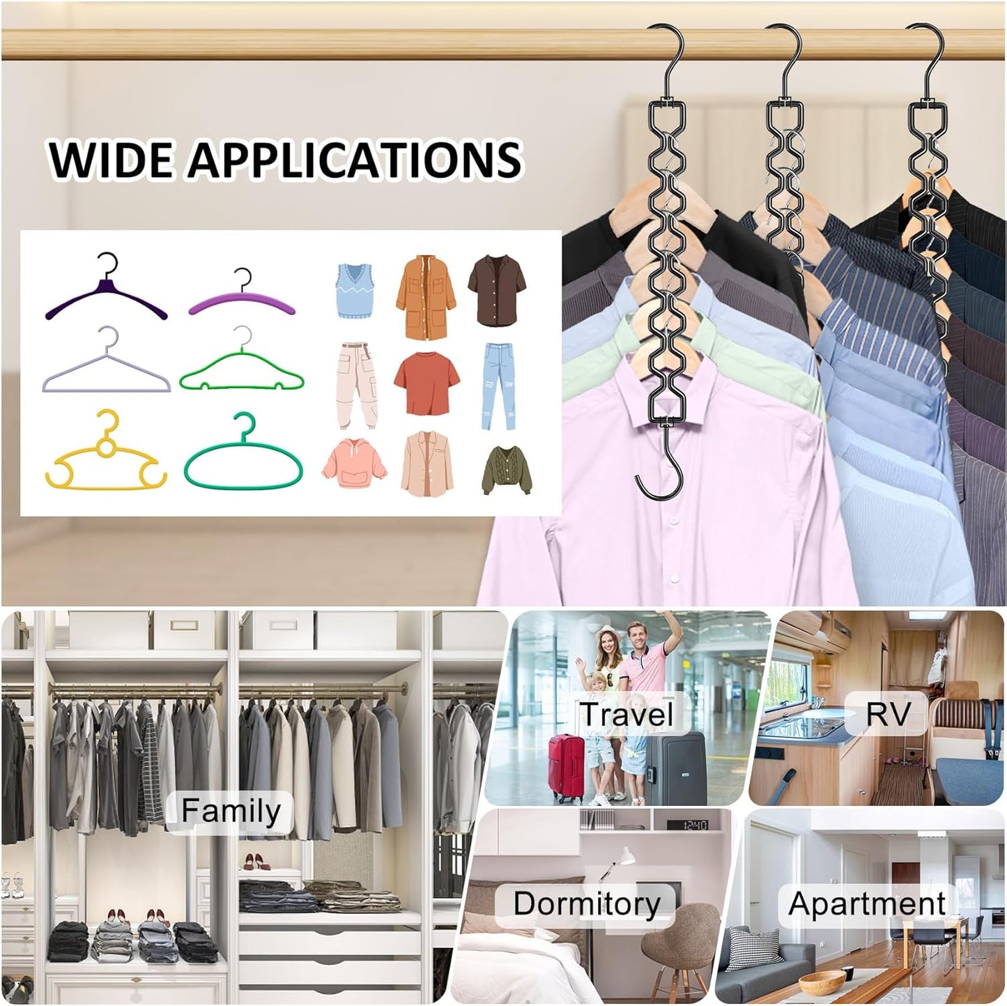 12 Pack Space Saving Hangers for Clothes, Heavy Duty 30Lbs Capacity Magic Clothes Space Saver Sturdy Metal Hanger Organizer with 360° Swivel Hook, Closet Organizers Storage Dorm Essentials Black