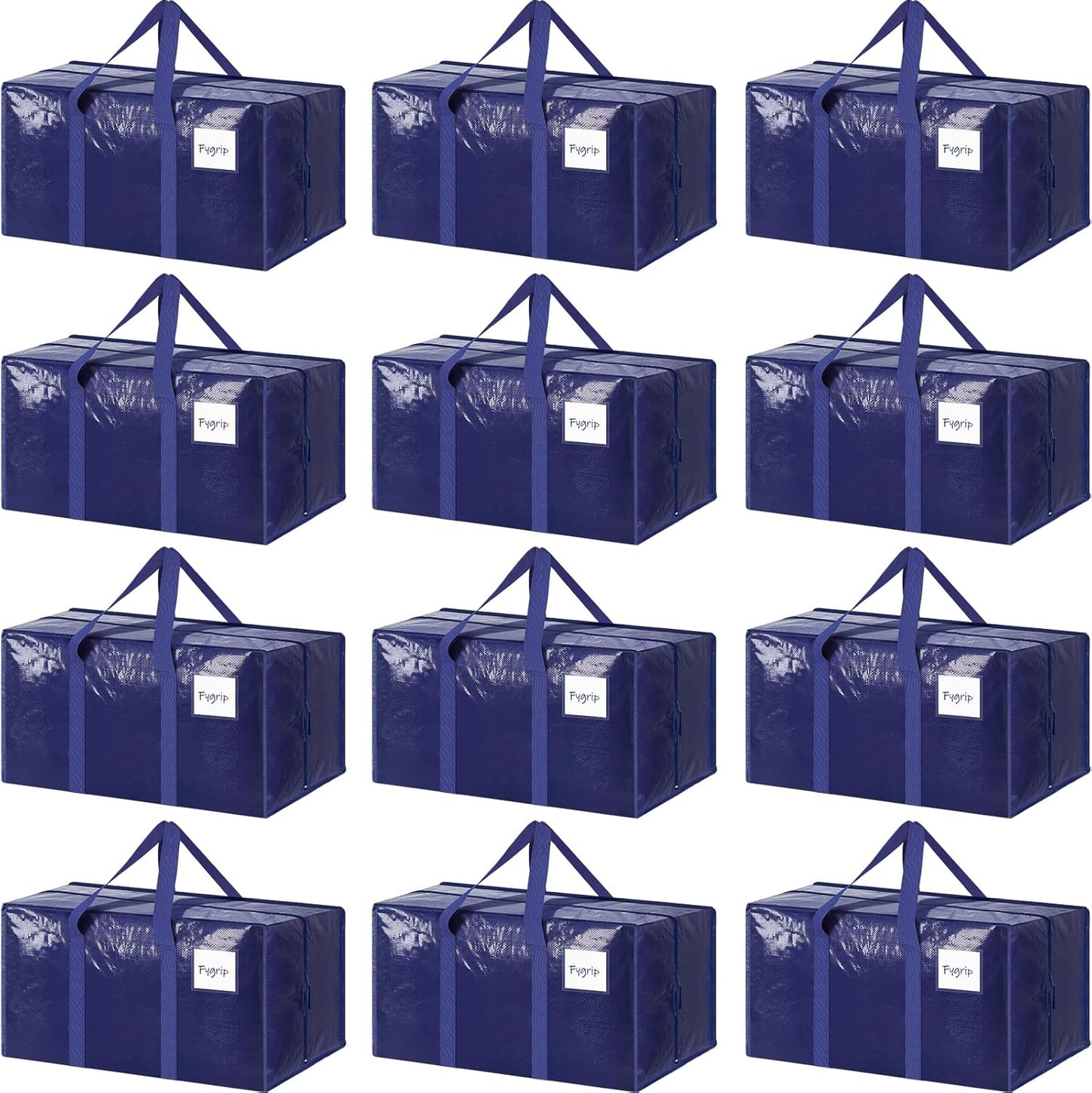 12 Pack Extra Heavy Duty Large Moving Bags with Strong Zipper & Comfortable Handles, Sturdy & Durable Clothes Storage Bags Totes Bins, Packing Moving Boxes for College Supplies, Dark Blue