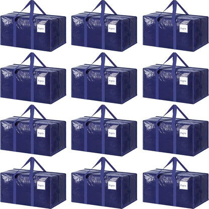 12 Pack Extra Heavy Duty Large Moving Bags with Strong Zipper & Comfortable Handles, Sturdy & Durable Clothes Storage Bags Totes Bins, Packing Moving Boxes for College Supplies, Dark Blue