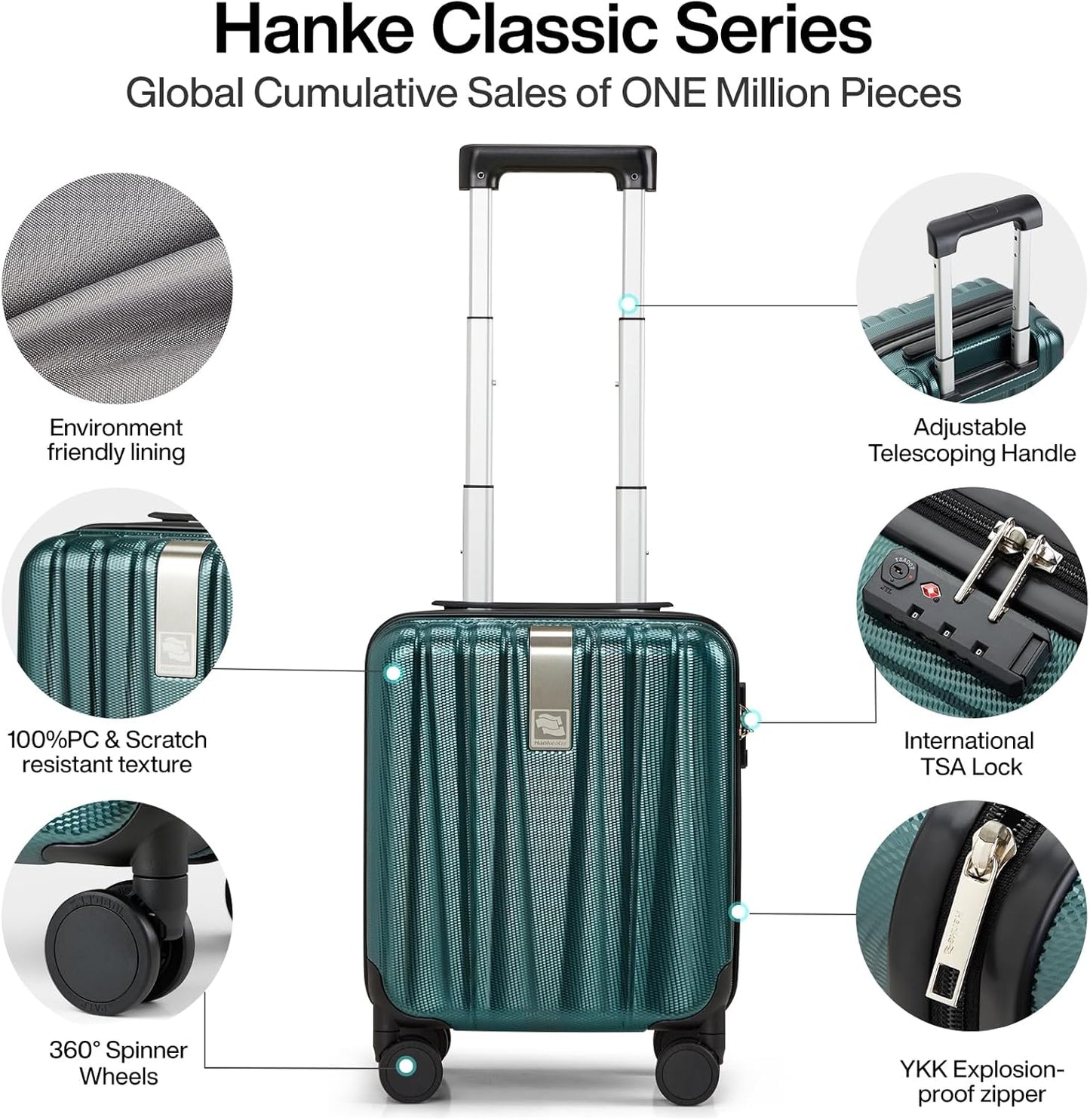 Hanke 14 Inch Underseat Carry On Luggage with Wheels Hard Shell Suitcases Lightweight Small Luggage for Weekender Mini Suitcase Carry On Bag Travel Luggage for Travel Rolling Suitcase.(Blackish Green)