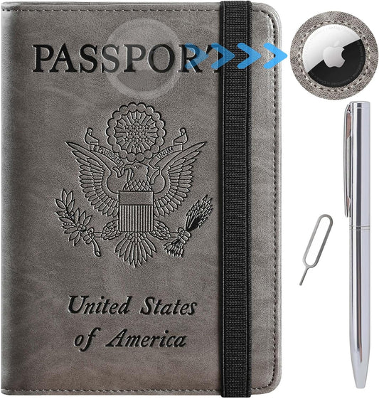 Airtag Passport Holder Cover Wallet Travel Essentials RFID Blocking Leather Card Case International Must Haves Travel Accessories for Women Men(119#Grey)