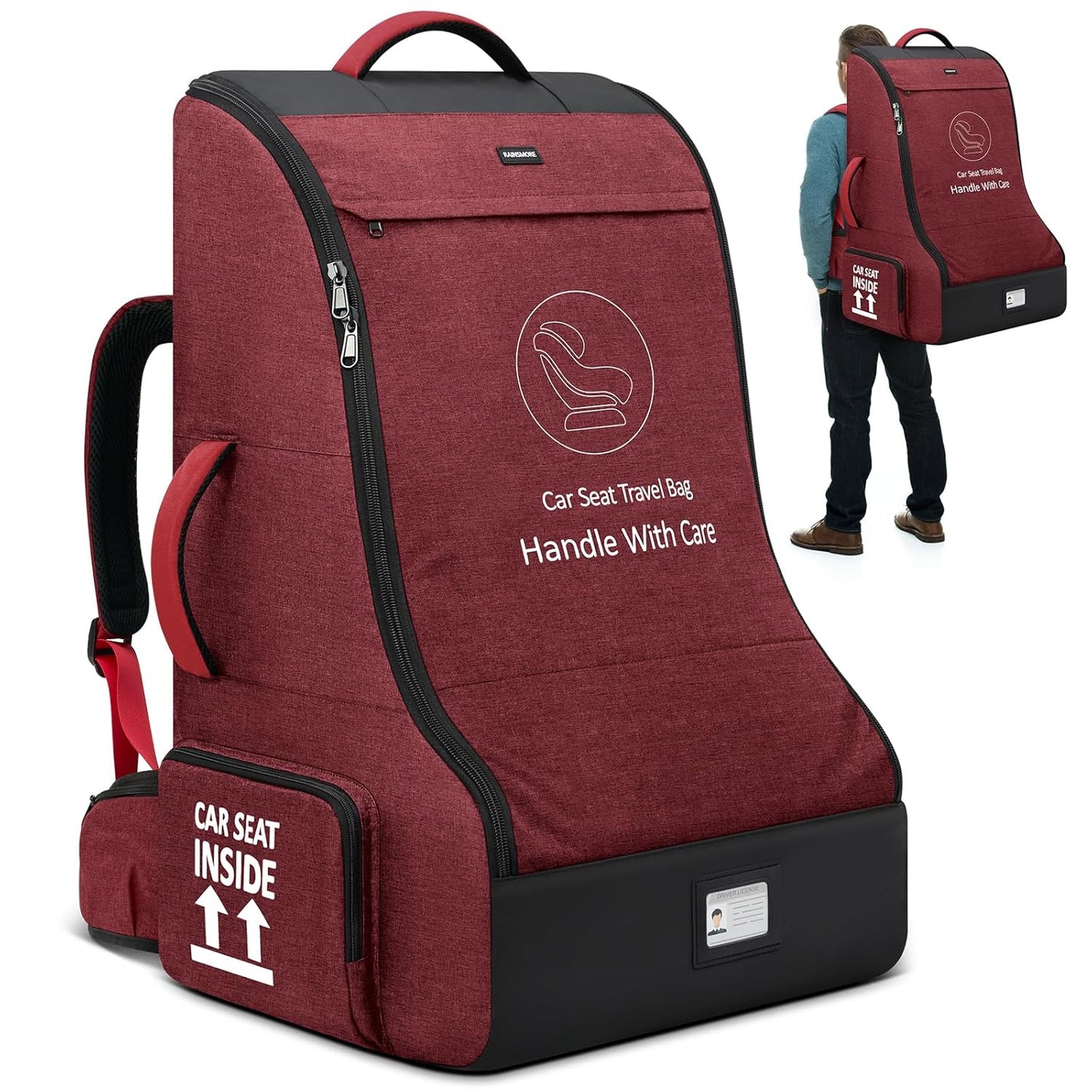 RAINSMORE Padded Car Seat Travel Bag for Airplane Heavy Duty Car Seat Backpack for Air Travel Baby Carseat Cover Bags for Airport Large Car Seats Carrier Fits Car Seats & Booster Seats,Red