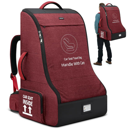 RAINSMORE Padded Car Seat Travel Bag for Airplane Heavy Duty Car Seat Backpack for Air Travel Baby Carseat Cover Bags for Airport Large Car Seats Carrier Fits Car Seats & Booster Seats,Red