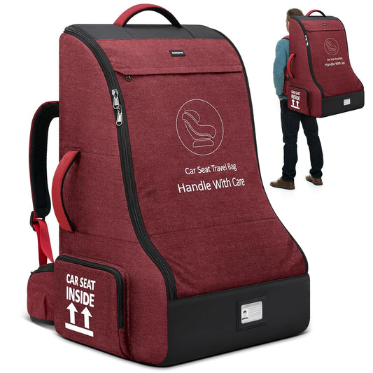RAINSMORE Padded Car Seat Travel Bag for Airplane Heavy Duty Car Seat Backpack for Air Travel Baby Carseat Cover Bags for Airport Large Car Seats Carrier Fits Car Seats & Booster Seats,Red