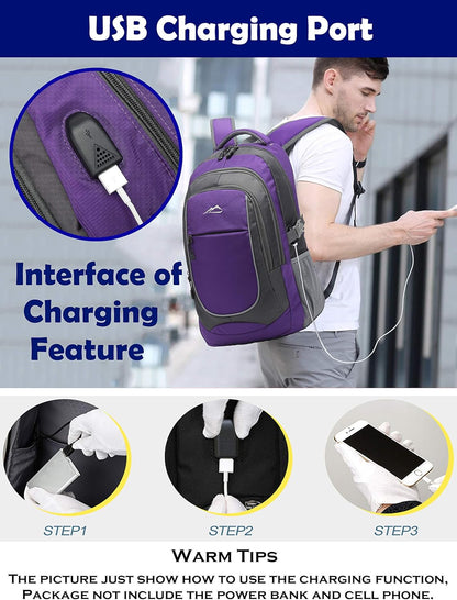 Backpack for College Sturdy Bookbag Travel Business with USB Charging Port Laptop compartment Chest Straps Anti Theft Night Light Reflective (Purple)
