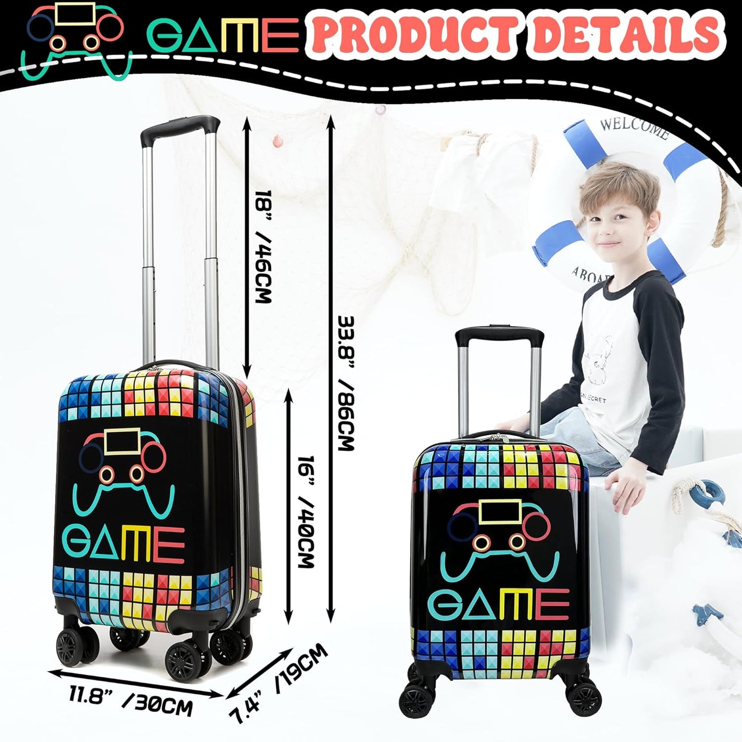 Kids Suitcase Set for Boys Hardside Luggage with Spinner Wheels 2 Piece 16inch Toddler Suitcase for Boys Travel Carry on Luggage Airline Approved