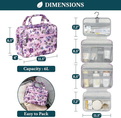 PAVILIA Hanging Toiletry Bag Travel Bag Women Men, Foldable Cosmetic Organizer, Roll up Makeup Bag, Water Resistant Accessories Toiletries, Large Travel Essentials Kit (Purple Floral)