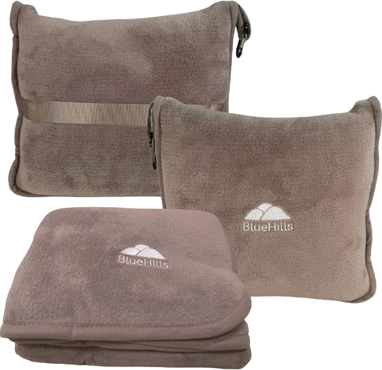 BlueHills Premium Soft Travel Blanket Pillow Airplane Flight Blanket Throw in Soft Bag Pillow case with Luggage Belt & Backpack Clip Compact Pack Large Airport Taupe T023