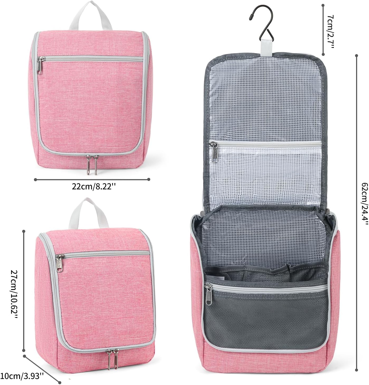 Della Gao Hanging Travel Toiletry bag for Women, Water-resistant Durable Nylon Toiletries Organizer for Cosmetics, Makeup Brushes, Bathroom Bag, Pink