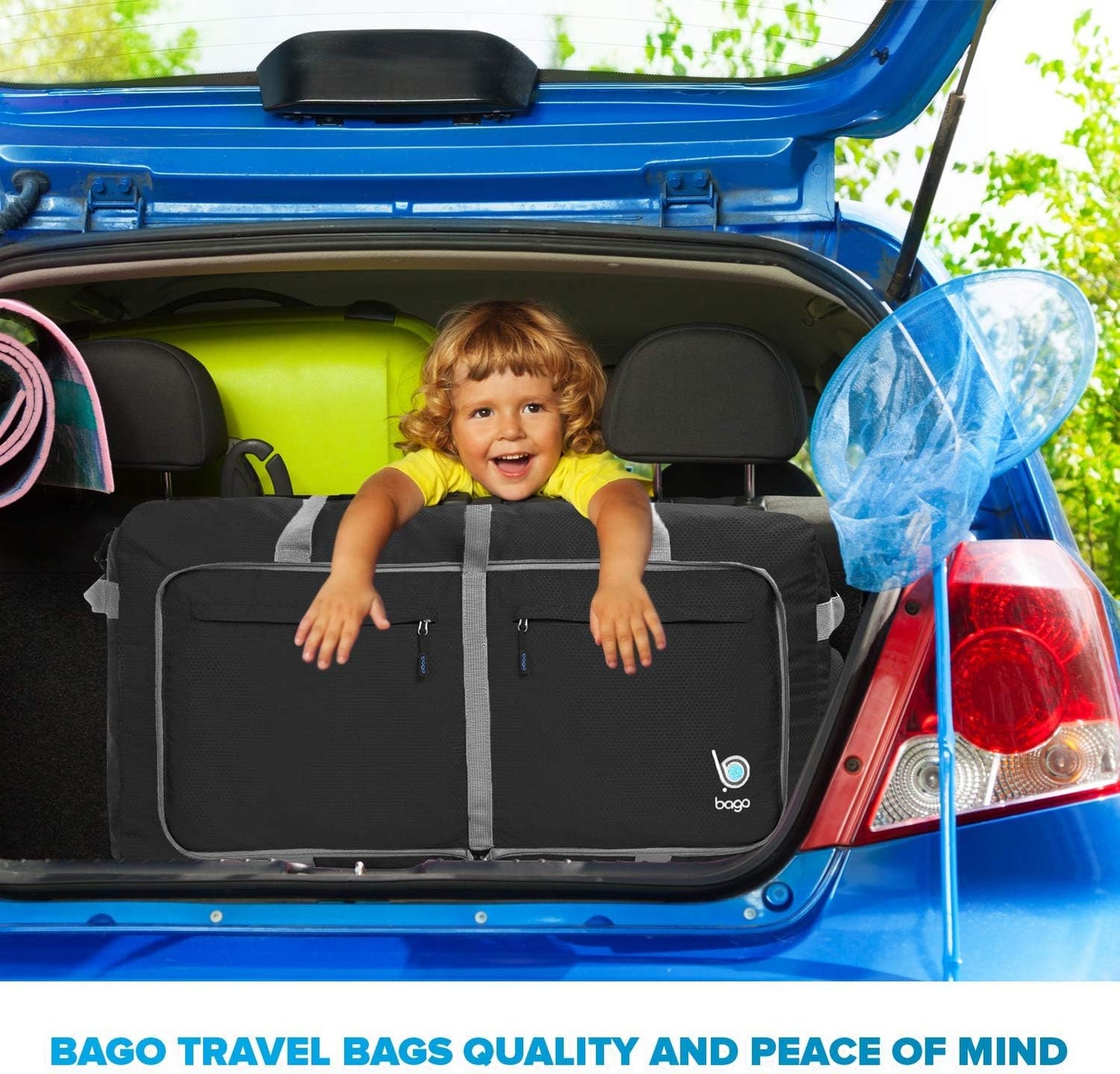 Bago Large Foldable Duffel Bags for Traveling Women & Men - 100L Packable Duffle Bag for Travel with Shoe Compartment - Water Repellant, Heavy Duty, Lightweight Folding & Collapsible (Black)