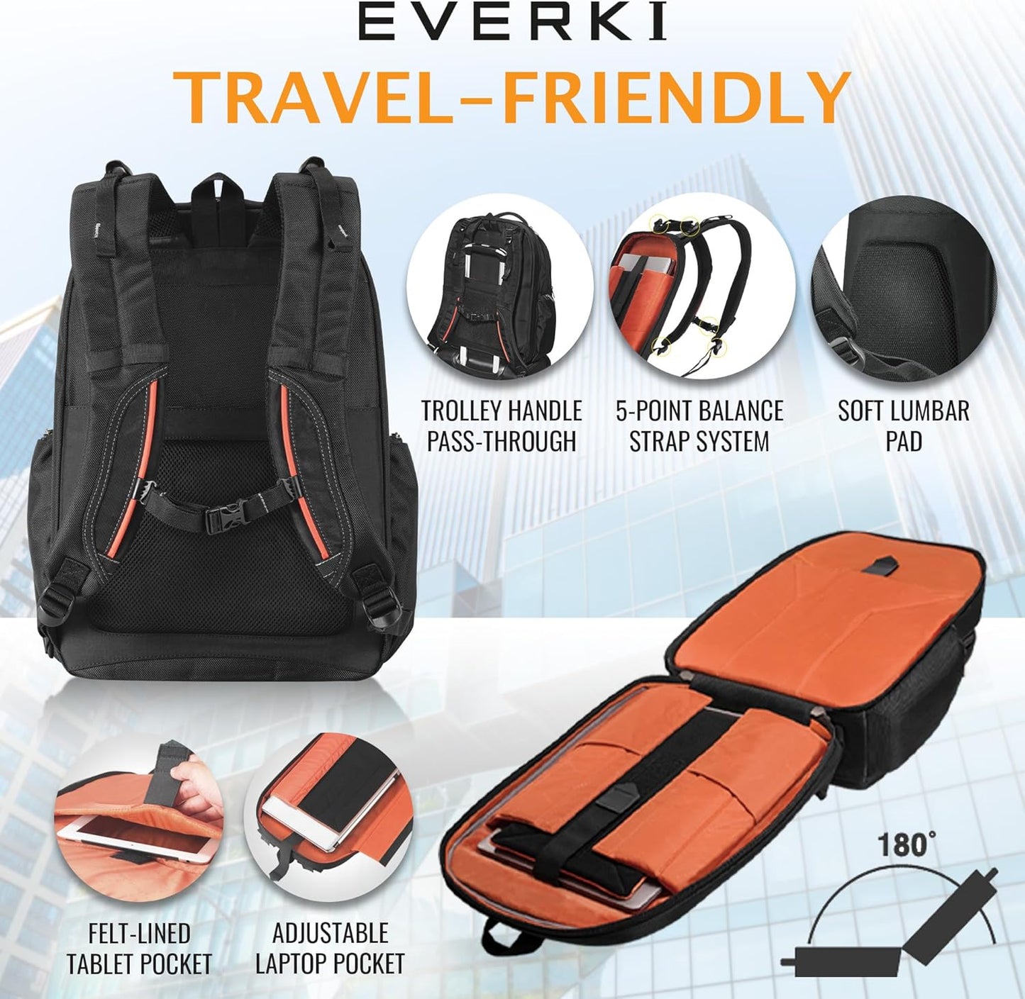 EVERKI 32L Atlas Business Laptop Backpack – Adjustable Compartment for Work, Travel-Friendly Business & Office Backpack for Men & Women, College, Durable Computer Bag, Fits 13"-17.3", Black