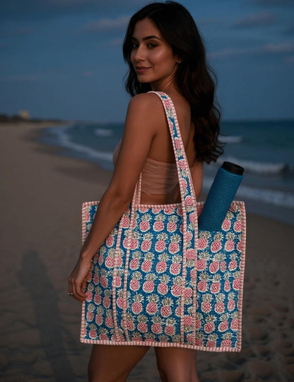 Cotton Quilted Tote Bag for Women – Large Beach & Travel Tote with Zipper, Reusable Grocery Bag