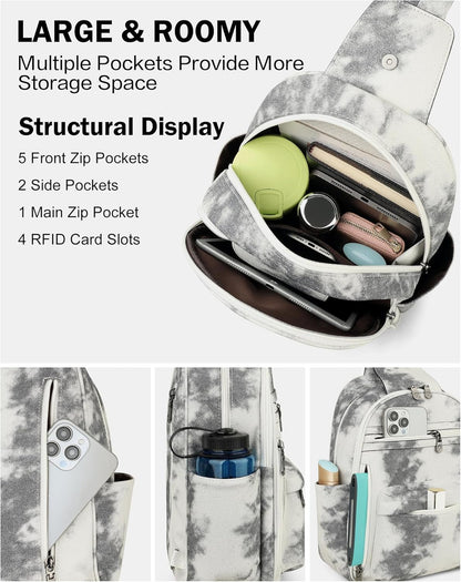 FADEON Large Sling Bag for Women, Leather Crossbody Purse Designer Anti Theft Sling Backpack, RFID Fanny Packs for Travel