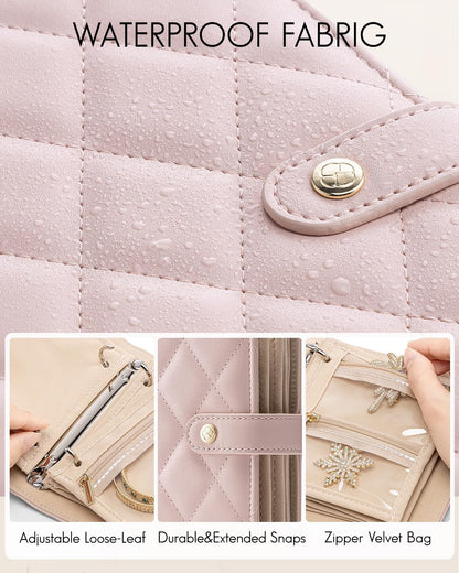 Vlando Travel Jewelry Organizer Case,Travel Gifts for Women,Portable Jewelry Storage Book Ring Binder with Clear Zipper Velvet Jewelry Pouch Bag-Pink