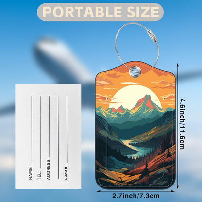 2 Pack Luggage Tags for Suitcases Sunset in The Mountains Leather Luggage Tags Privacy Cover ID Label with Stainless Steel Loop and Address Card for Women Men Travel Bag Backpack