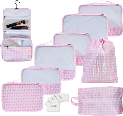 9 Set Packing Cubes - Suitcase Organizer, Cute Packing Cubes, Travel Bags Organizer for Luggage with Hanging Toiletry and Shoe Bag, Travel Essentials for Women, Men and Kids -Pink