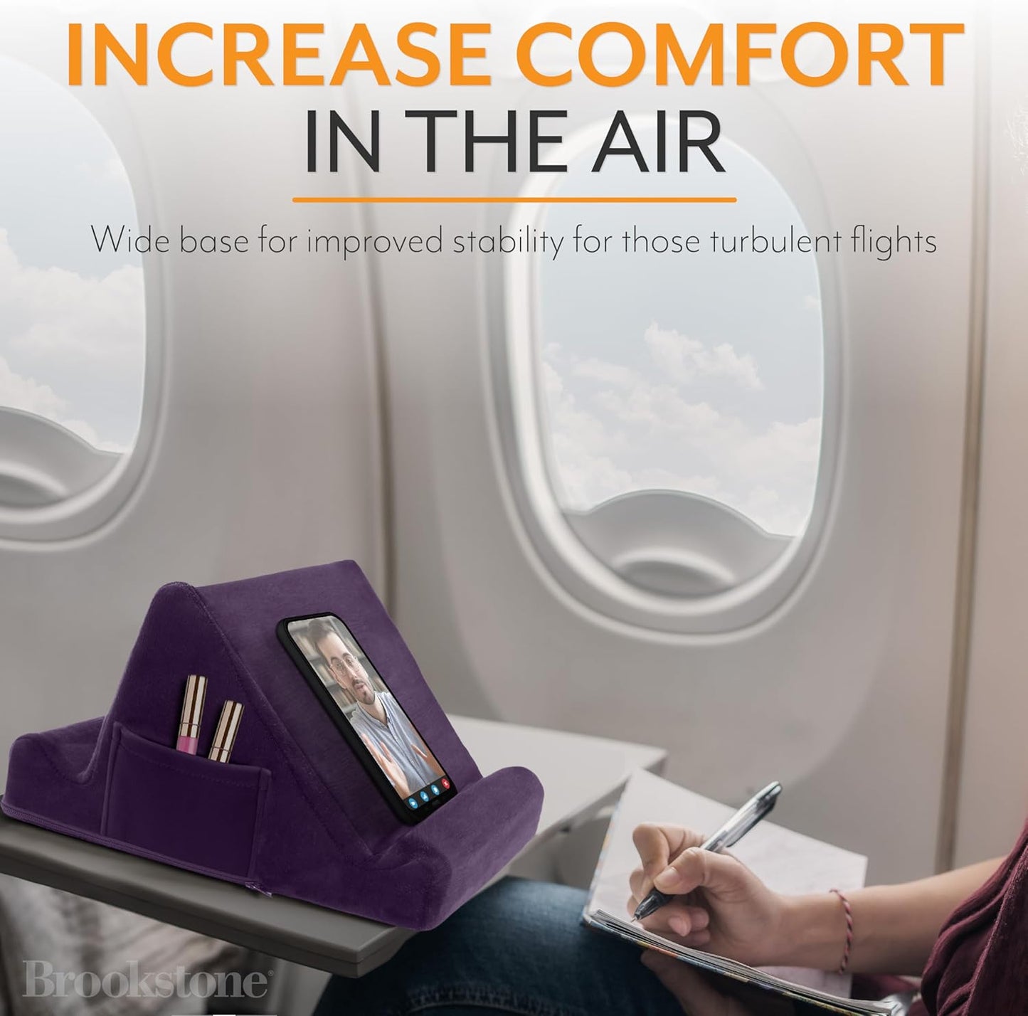 Brookstone, Memory Foam Lap Desk Tablet Holder, Holds Phones, iPads, E-Book Readers, 2 Viewing Angles, 2 Side Pockets for Accessories, Book Holder Cushion, Perfect Home, Car Travel Flights, Purple
