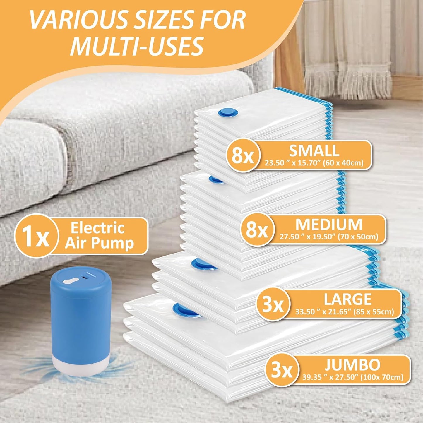 Vacuum Storage Bags with Electric Pump, 22 Pack (3 Jumbo/3 Large/8 Medium/8 Small) Vacuum Seal Space Saver Bags for Clothing, Pillows, Blanket, Bedding, Comforters