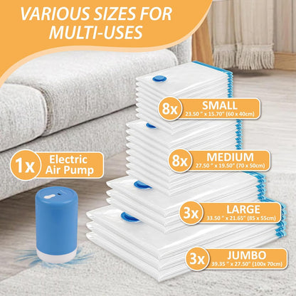 Vacuum Storage Bags with Electric Pump, 22 Pack (3 Jumbo/3 Large/8 Medium/8 Small) Vacuum Seal Space Saver Bags for Clothing, Pillows, Blanket, Bedding, Comforters