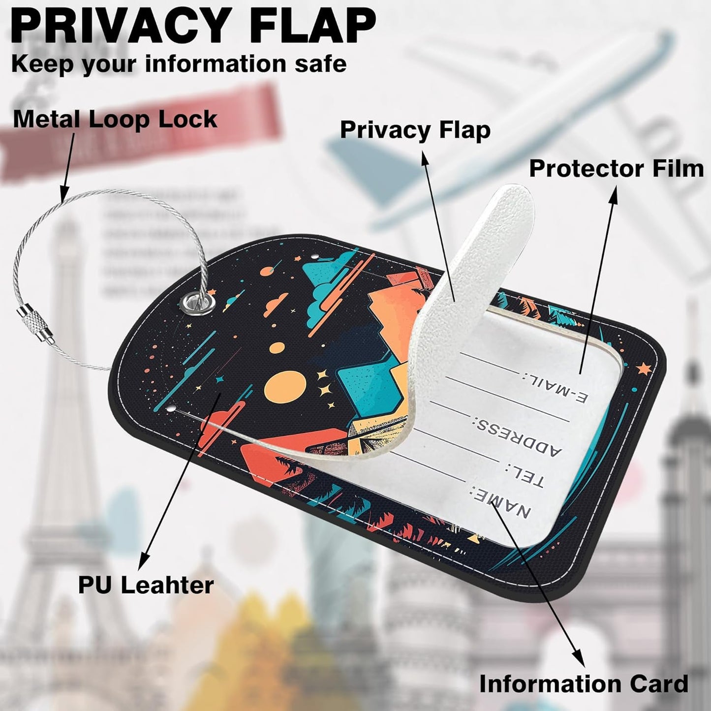 2 PCS Leather Luggage Tags for Suitcase Colorful Bright Mountain Travel Luggage Tag with Privacy Flap Name ID Label and Metal Loop for Travel Bag Suitcase