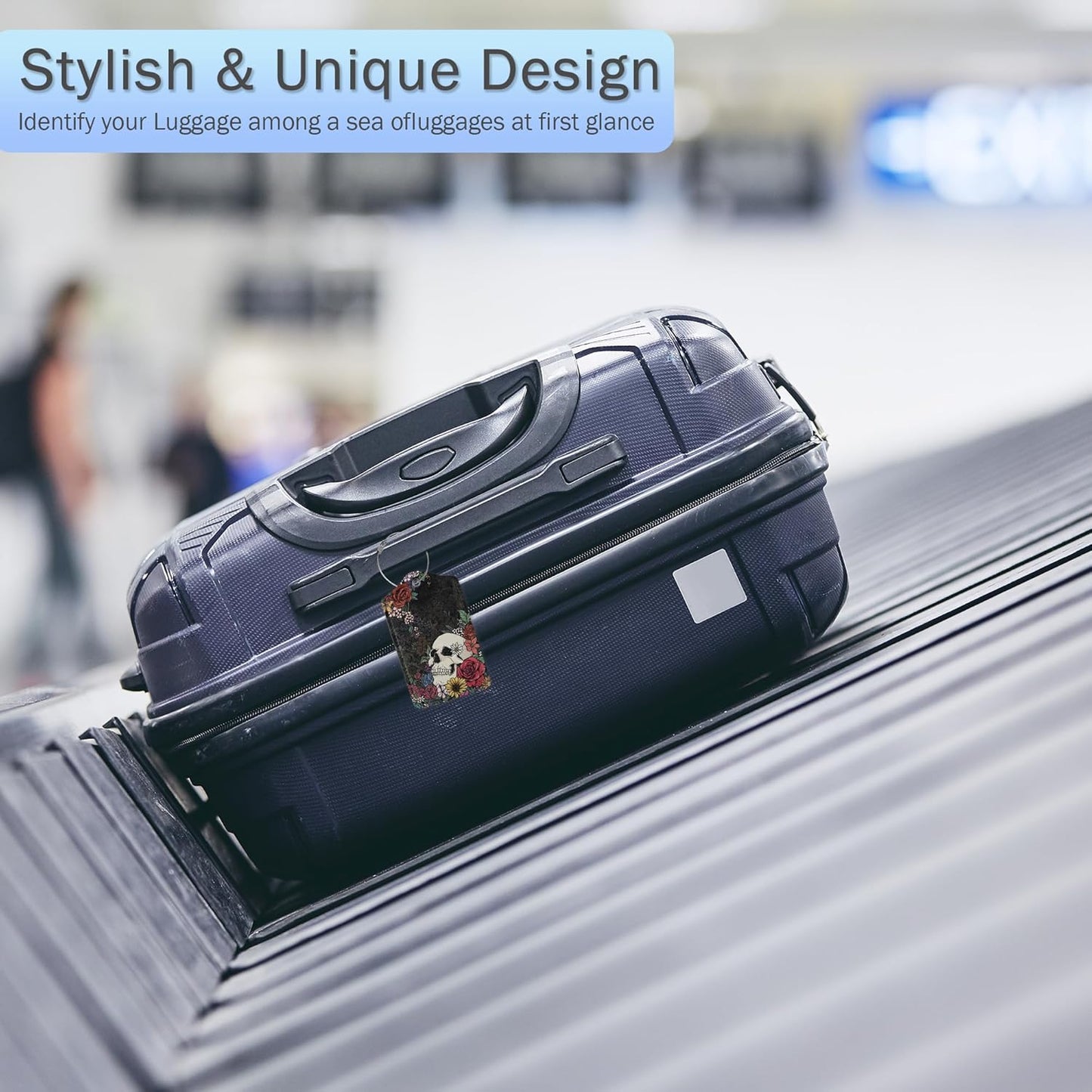 Skull Flowers Luggage Tags,2 Pack Luggage Tag,Leather Privacy Cover ID Label with Stainless Steel Loop for Women Men Kids Girls Travel